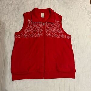Blair Large Cotton poly blend red zip up vest embroidered sweatshirt gold down c